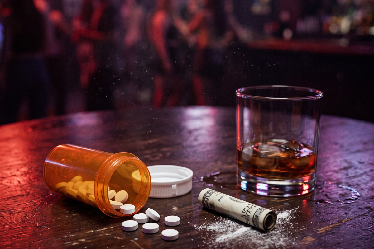 Prescription pills, cocaine, a rolled bill, and a glass of whiskey on a dark bar