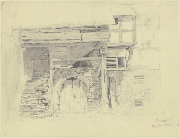 Altes Haus Kellertor unter einer Treppe die in einen Holzbau mit einer Säule füh