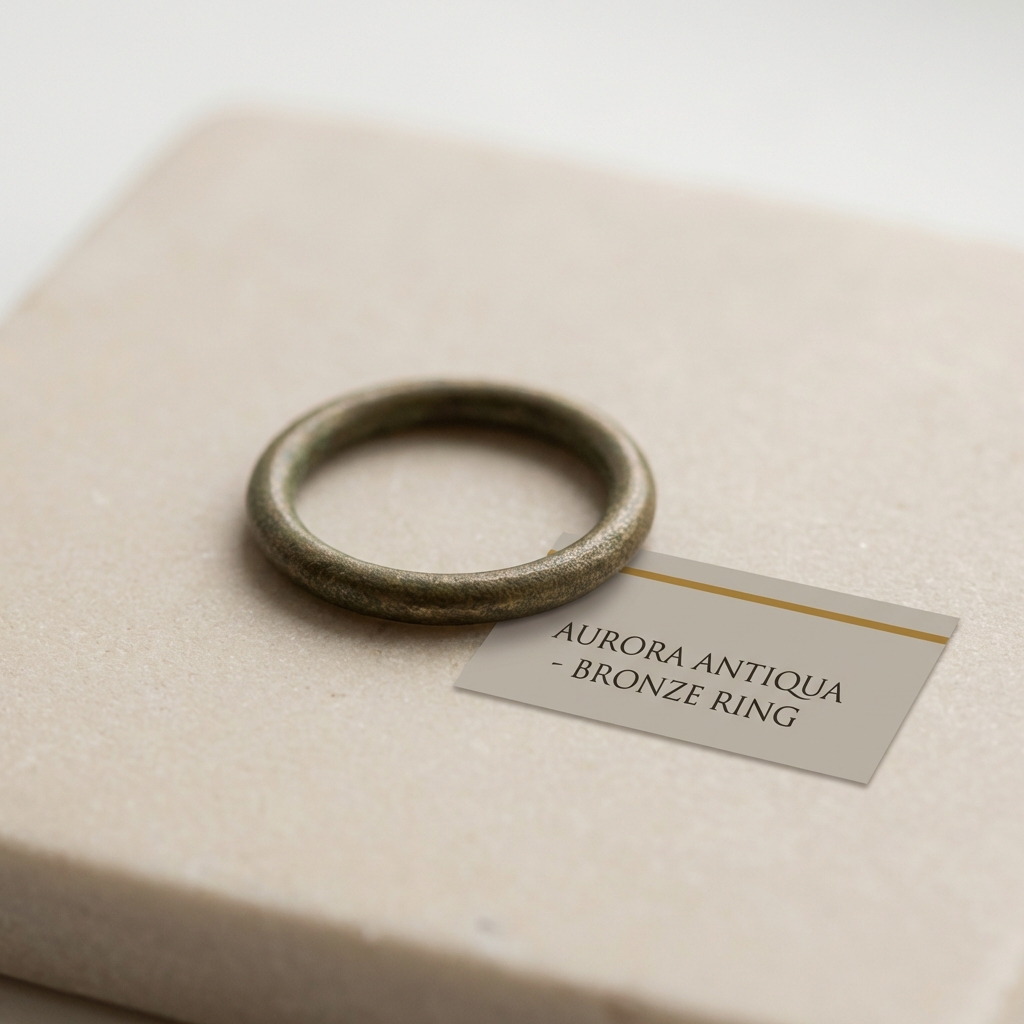 Macro photo of a bronze hoop ring with green brown patina on a neutral stone surface with a small minimal label card in Aurora Antiqua colors featuring ancient greek wedding bands