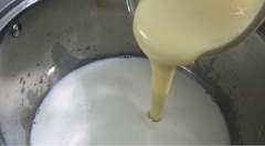 Cho 440ml sữa tươi + 300g sữa đặc vào nấu.