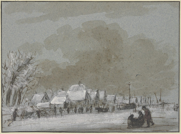 Winterlandschaft links ein Dorf eingefrorene Schiffe rechts auf dem Eis zieht ei