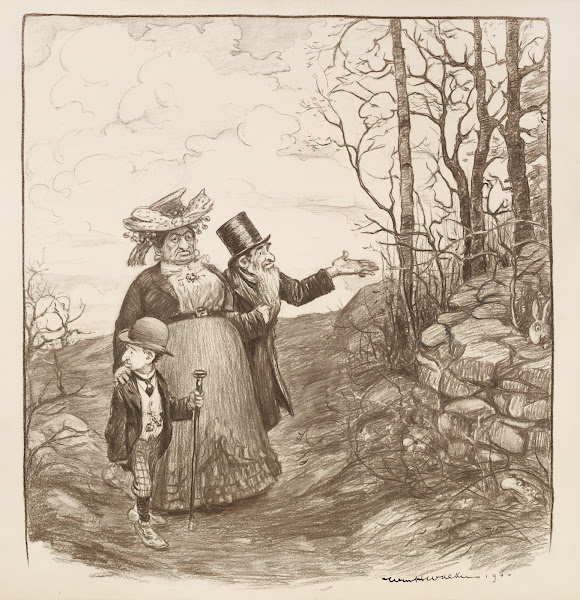Two men and a woman walk down a road between rock walls and bare trees 1900