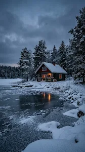 Scandinavian Cabin by Frozen Lake Twilight Wallpaper