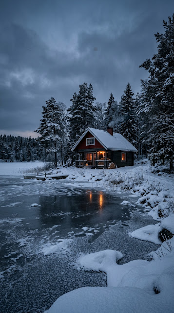 Scandinavian Cabin by Frozen Lake Twilight Wallpaper - Free mobile Wallpaper