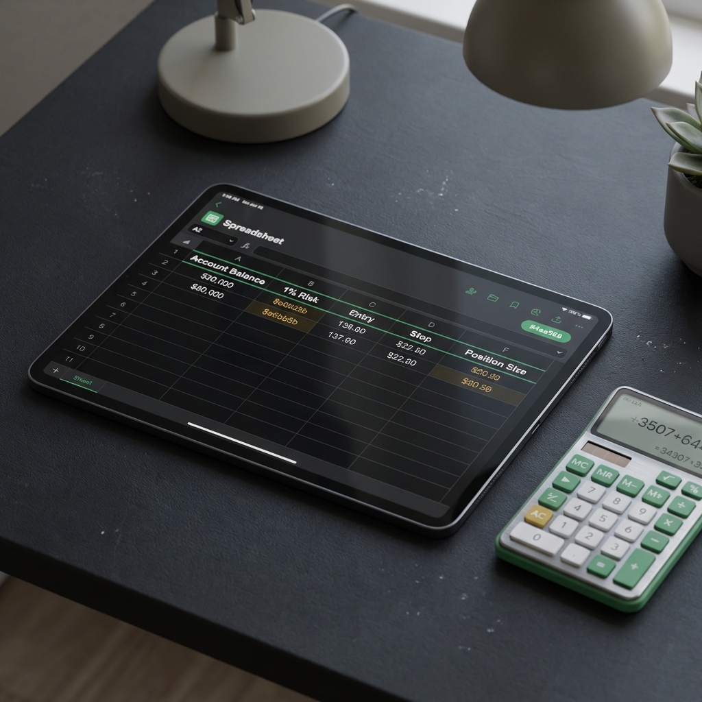 Minimalist close up of a trader spreadsheet and calculator on a dark desktop with green highlights showing account balance and 1% rule in crypto columns entry stop and position size