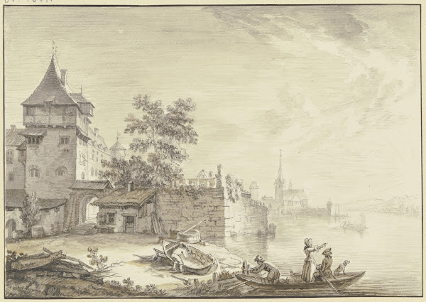 Stadttor bei einem Turm am Wasser Oestrich vorne ein Kahn mit drei Personen und