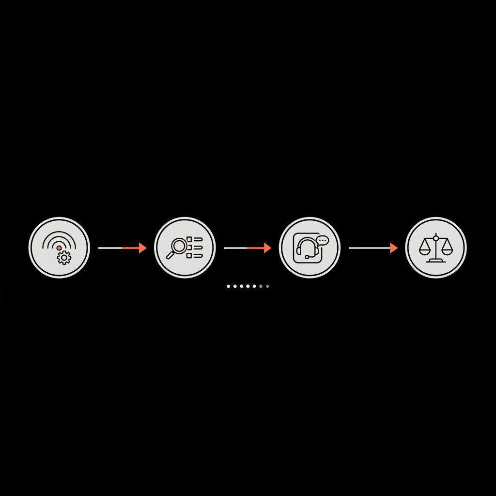 Minimal 2D vector flowchart of escalation paths—automated detection, manual review, support case, legal route—illustrating Google review removal time