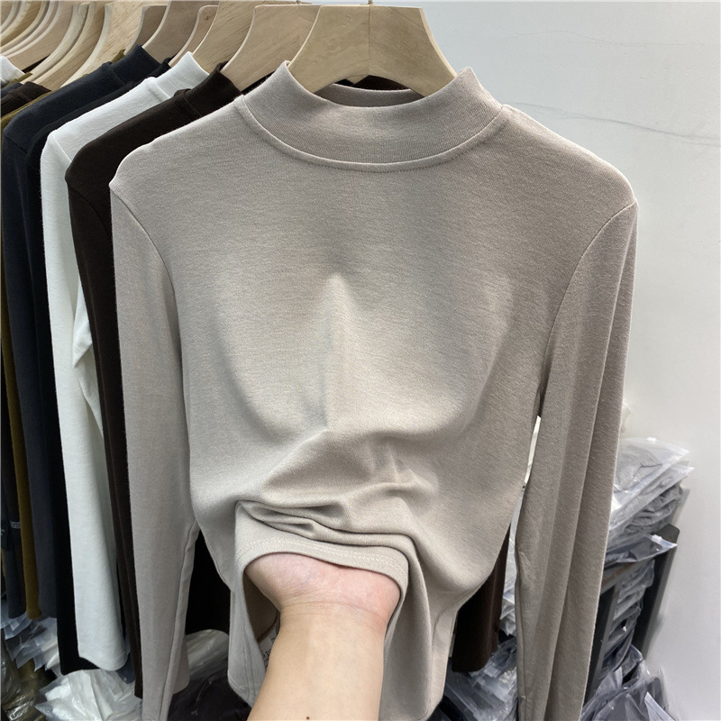 Women's long-sleeve shirt with stand-up collar and brushed inner side