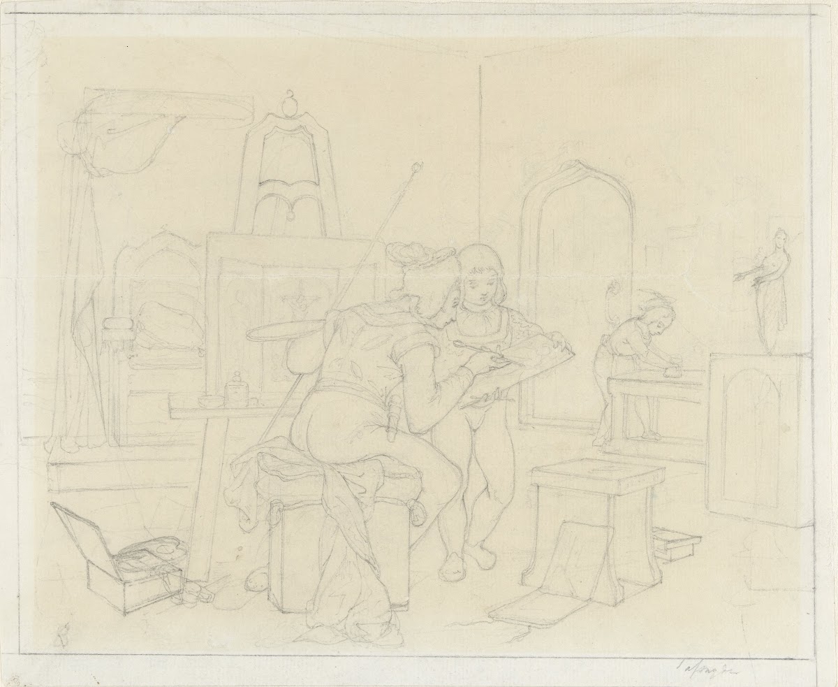 Middeleeuws atelier met schilder en zijn helpers 1834   1882