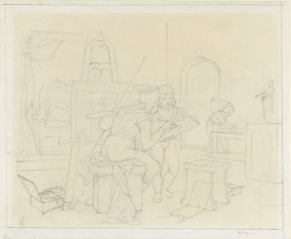 Middeleeuws atelier met schilder en zijn helpers 1834   1882