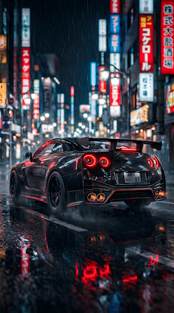 Black Modern Coupe in a Rainy Alley with Red Neon Backlighting at Night - Free mobile Wallpaper