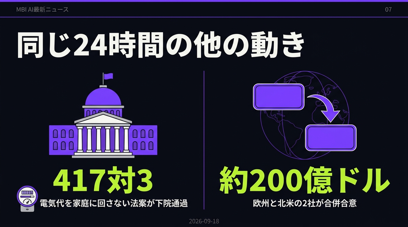 同じ24時間の他の動き。417対3の電気代法案と約200億ドルの合併