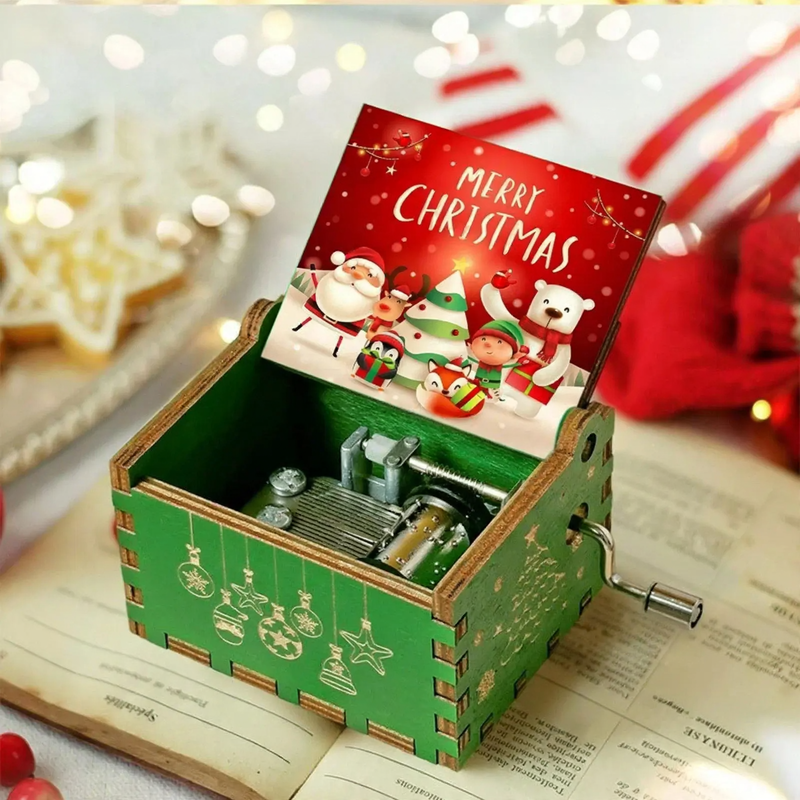 Decorative wooden music box with Christmas motifs