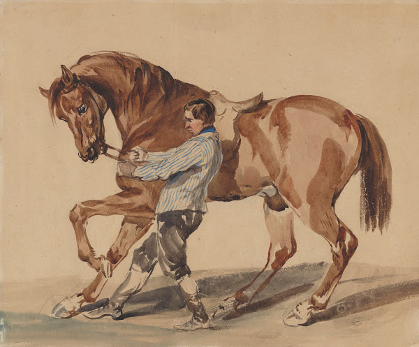 Stableman with a chestnut horse 1846