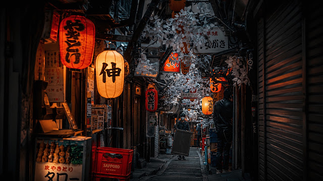 Narrow Tokyo alleyway at night illuminated by glowing red and orange paper lanterns with a pedestrian walking past izakaya storefronts.
