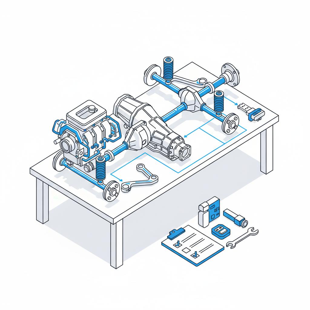 Minimalist vector of SUV drivetrain on inspection bench with blank checkbox checklist and blue accented tools clean white layout ideal for jeep car dealer near me