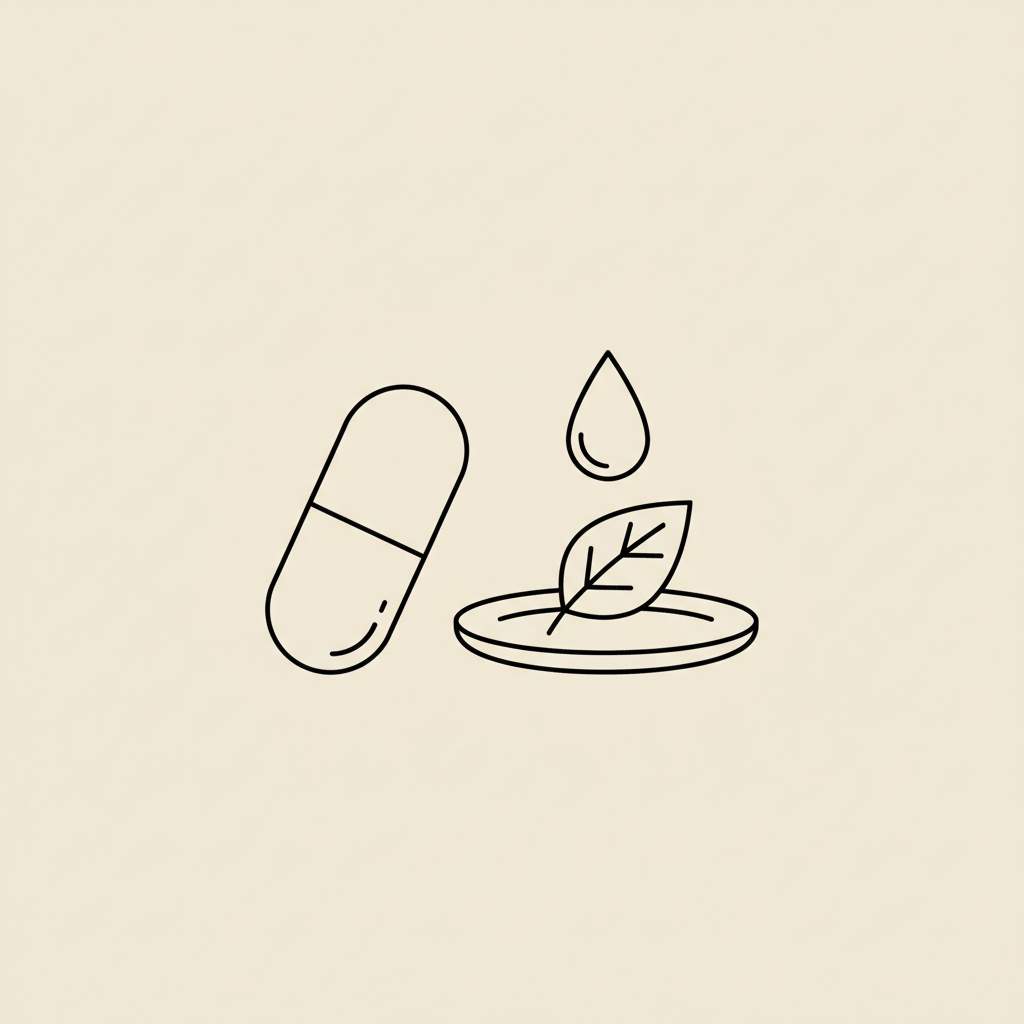 Minimal Tonum-style vector line illustration of a capsule, small plate with a leaf and a water droplet on a beige background, visual concept for probiotics for bloating.
