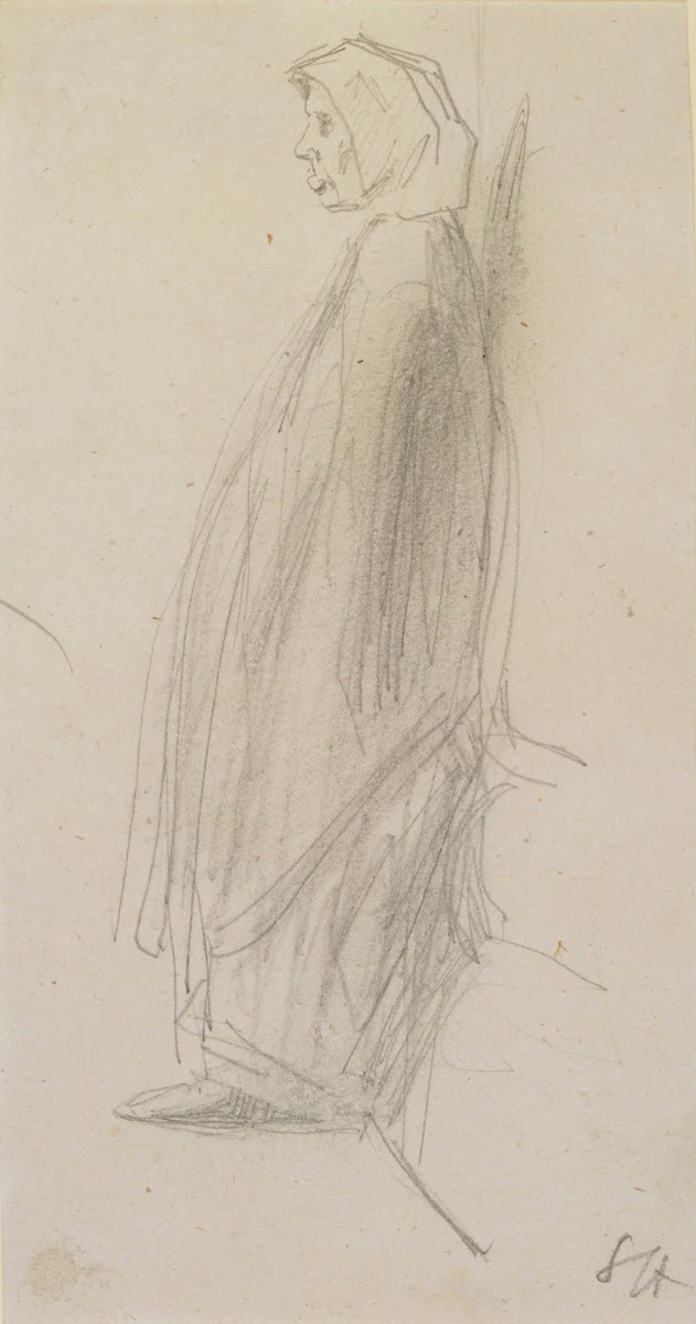 Profile sketch of an old woman standing 1858