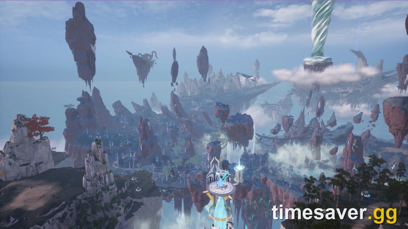 The Sunreach sky-islands region floating above Palpagos in Palworld 1.0, with rock spires and distant tower