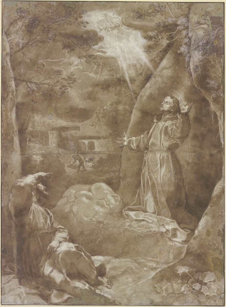 Der Heilige Franziskus empfängt im Beisein Bruder Leos von Assisi die Wundmale