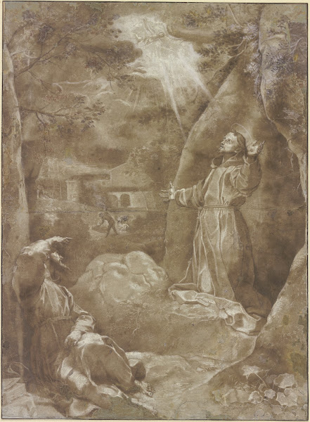 Der Heilige Franziskus empfängt im Beisein Bruder Leos von Assisi die Wundmale