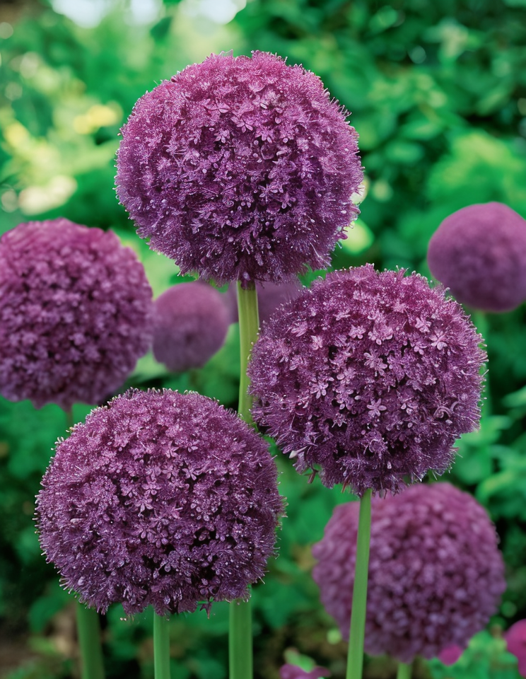 Allium giganteum in piena fioritura, steli alti e fiori viola sferici nel giardino