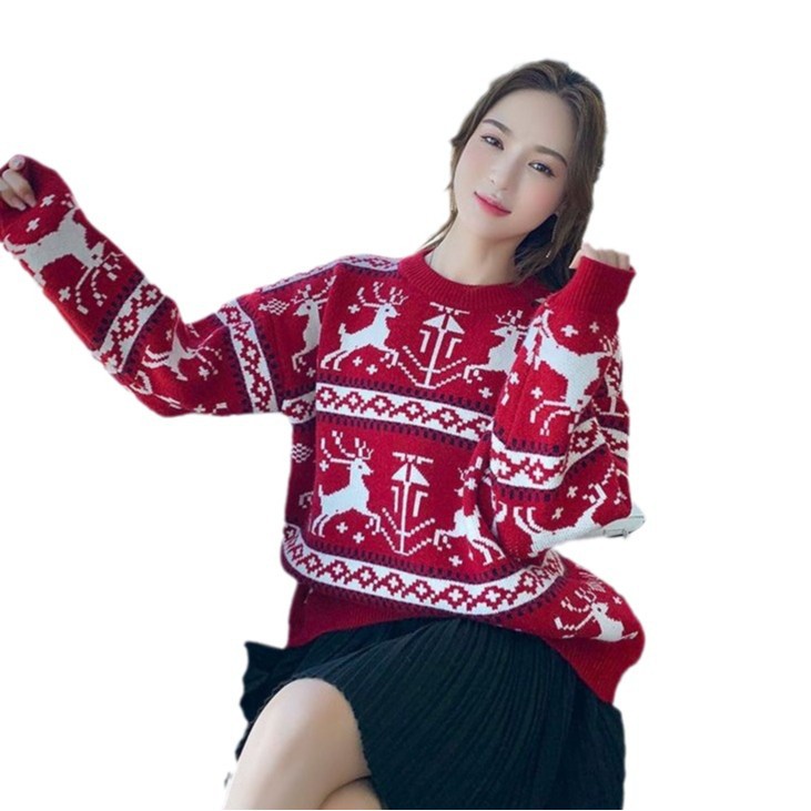 Women's Christmas sweater, round neck, reindeer motif, knitted