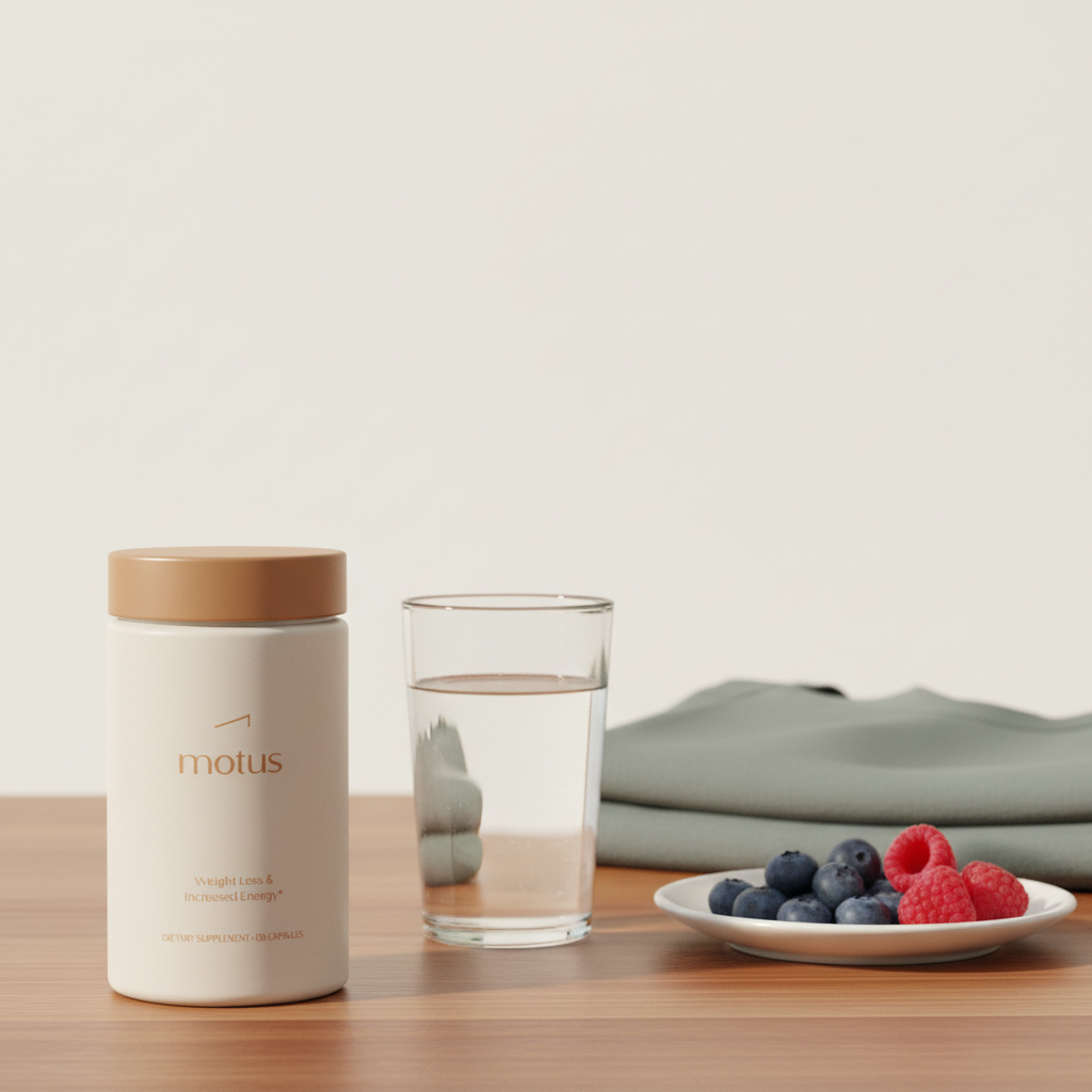 Minimalist still-life with Motus supplement bottle on a wooden table beside water, workout top and berries, showing over the counter weight loss pills