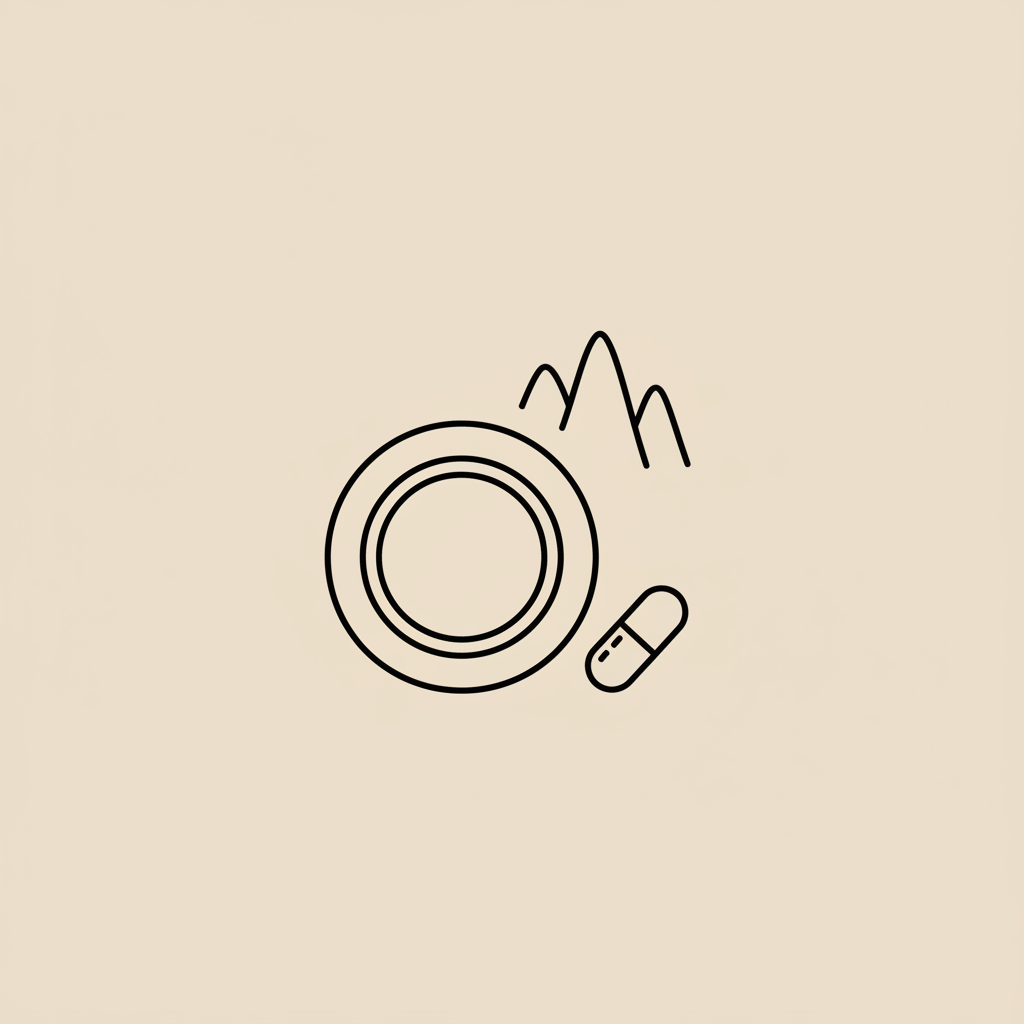 Minimal minimalist line illustration of a plate, small capsule, and stylized sound wave on beige background representing metabolism and nutrition.