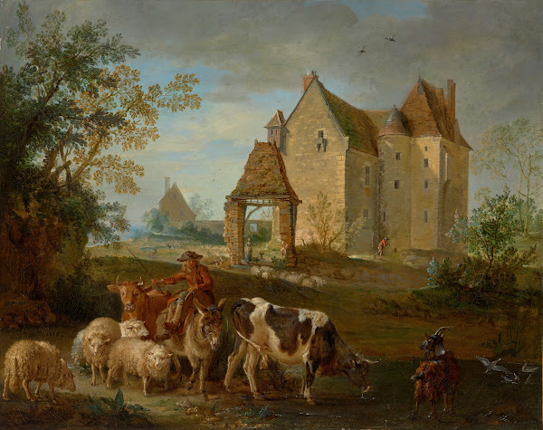 A landscape with a shepherd driving animals to pasture a castle beyond 1727