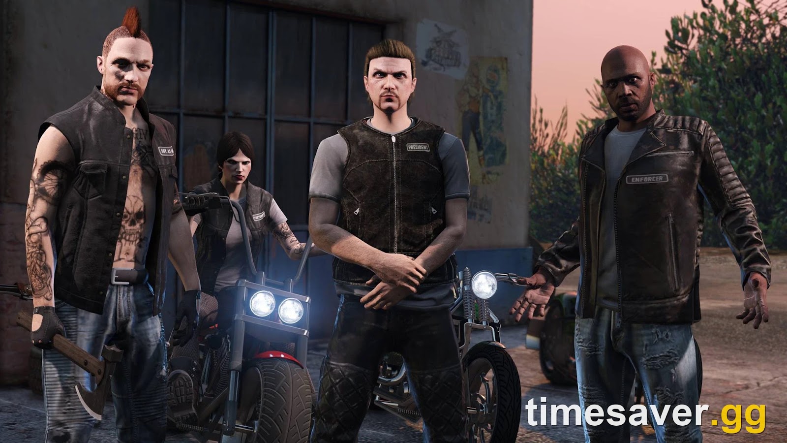 GTA Online biker club members standing in front of their motorcycles outside an industrial building at dusk, representing the MC business empire