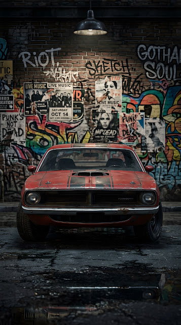 Classic Red Muscle Car in Graffiti Garage - Free mobile Wallpaper