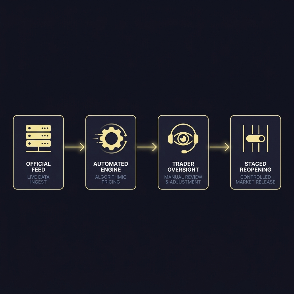 How Live Odds React to Game Momentum simplified flow diagram showing official feed to automated engine to trader oversight to staged reopening on a clean dark Funded Plays styled background