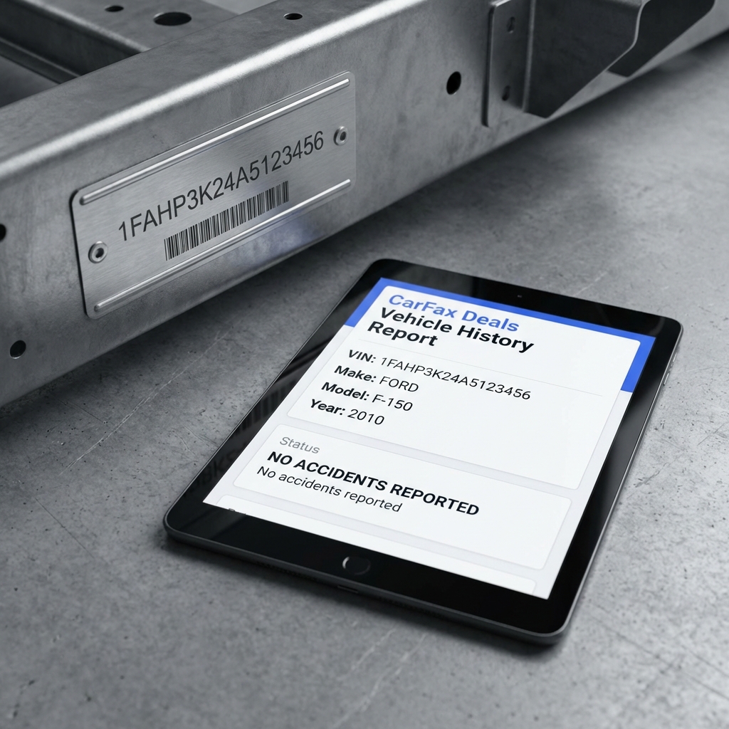 Close up of a vehicle VIN plate and tablet showing a clean digital VIN report in CarFax Deals style on white background highlighting most reliable car brands