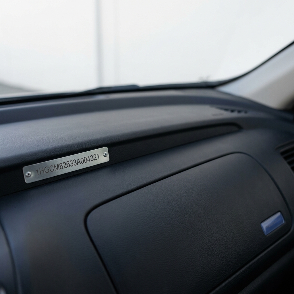 Close up angled photo of a car dashboard focusing on the VIN plate with a subtle blue brand badge in the corner most trusted car value site