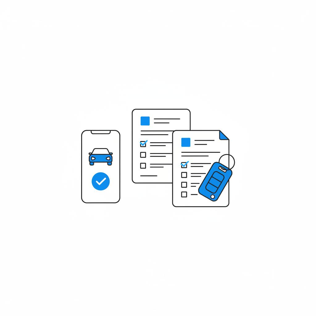 Top down vector close up of a vehicle history report and inspection checklist beside car keys and a smartphone listing graphic showing toyota supra for sale in a minimalist blue and black palette