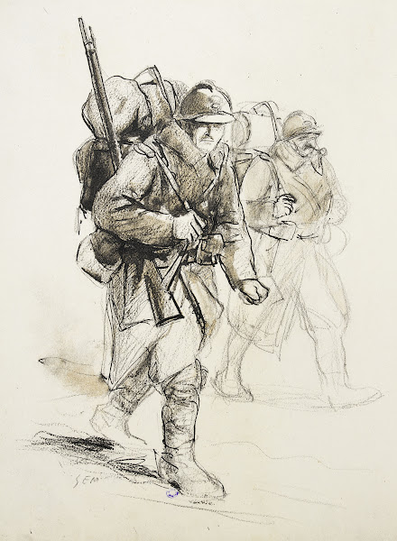 Deux soldats marchant sur la droite portant leur barda 1917 1918