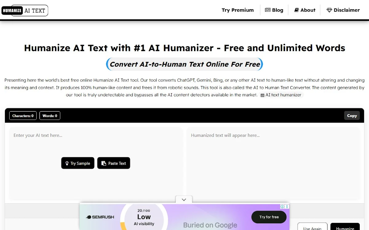 Captura de Humanize AI Text