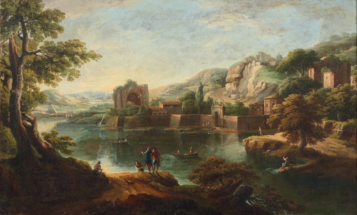 A mountainous river landscape with fishing boats and anglers Roman ruins beyond