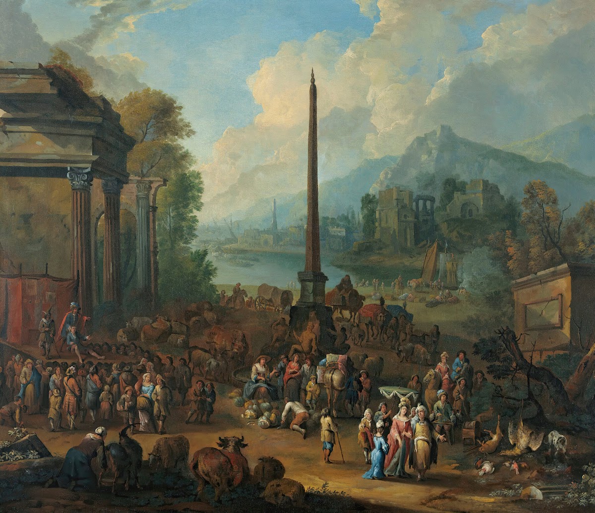A Harbour Scene With Numerous Figures Attending Market 1709
