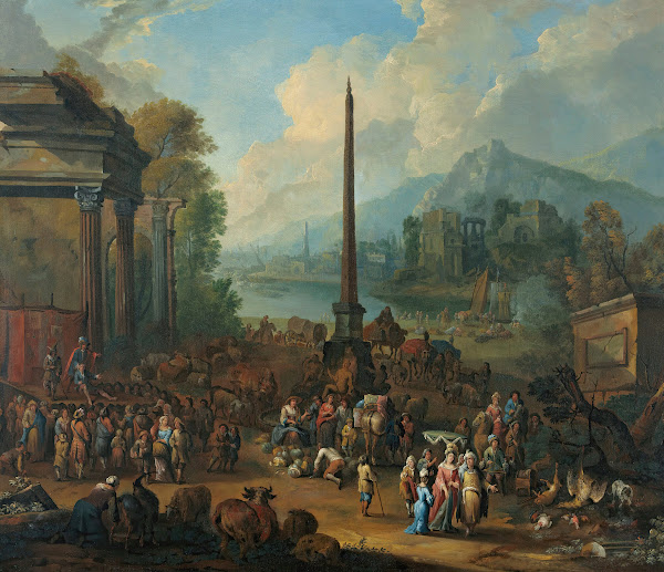 A Harbour Scene With Numerous Figures Attending Market 1709