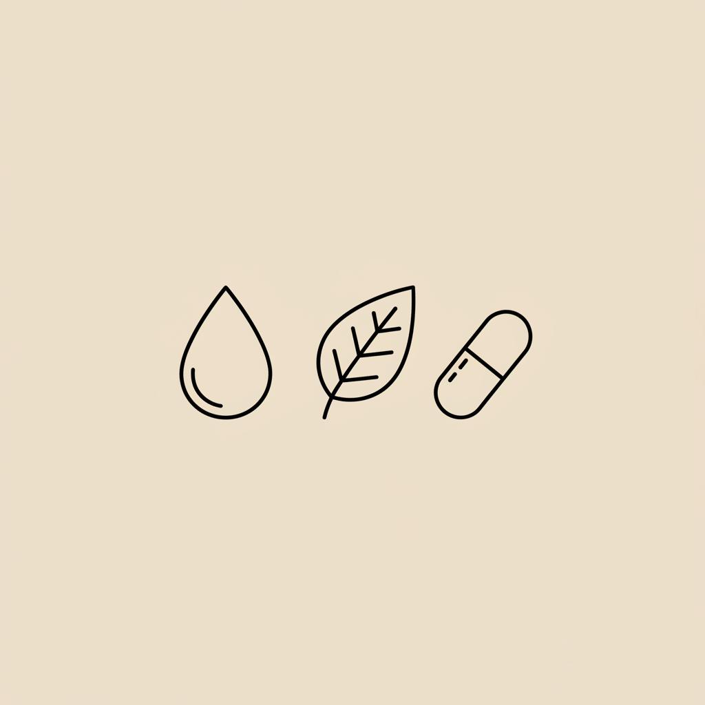 Minimal Tonum-style line illustration of a water droplet, tea leaf, and capsule on a beige background, conceptual visual for drinks for brain fog