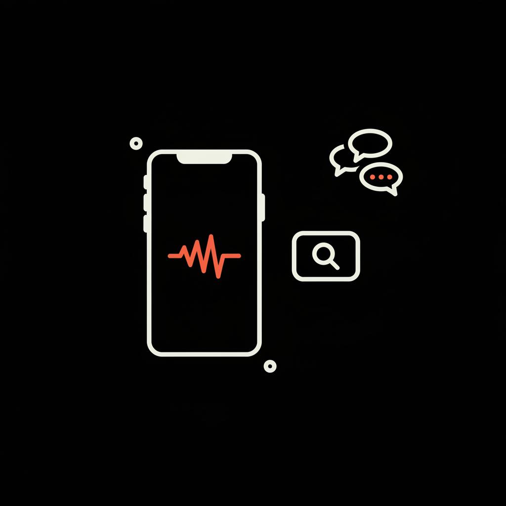 Minimal vector infographic showing a phone with a sound waveform, a search box, and a conversation cluster illustrating how do hashtags go viral across platforms