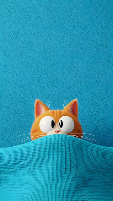 Cute Orange Cartoon Cat Peeking Over Blue Blanket - Free mobile Wallpaper