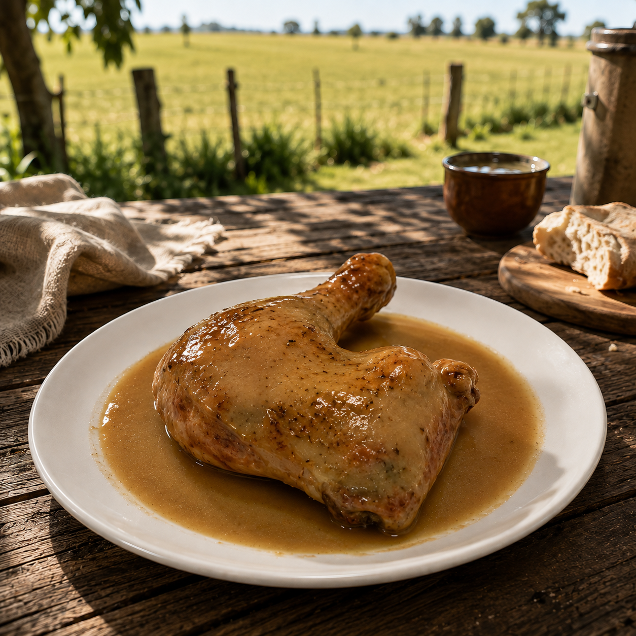 Pata Muslo Al Horno a Leña de Pollo de Libre de Antibióticos con Salsa de Mostaza