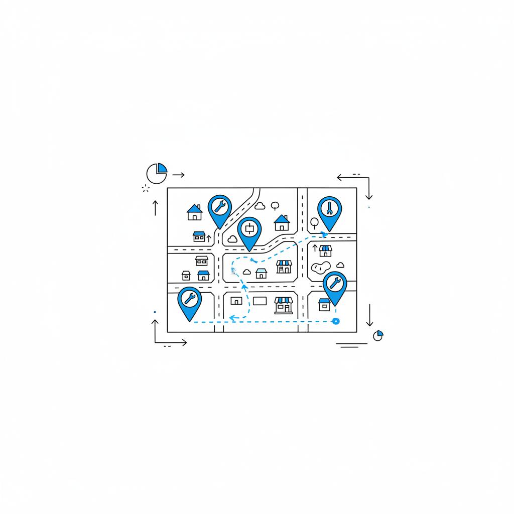 Minimal 2D vector town map with pinned service locations and a highlighted delivery route for handyman services, white background, dark strokes #39383f and blue accents #1a5bfb