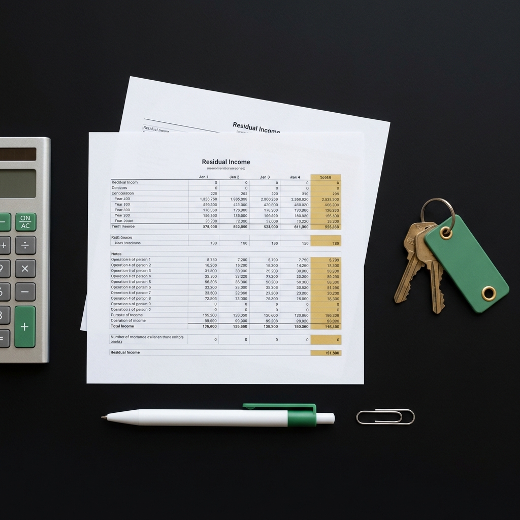 Minimalist flat lay of calculator spreadsheet titled best investment for residual income and a small stack of property keys on dark background in Finance Police brand colors
