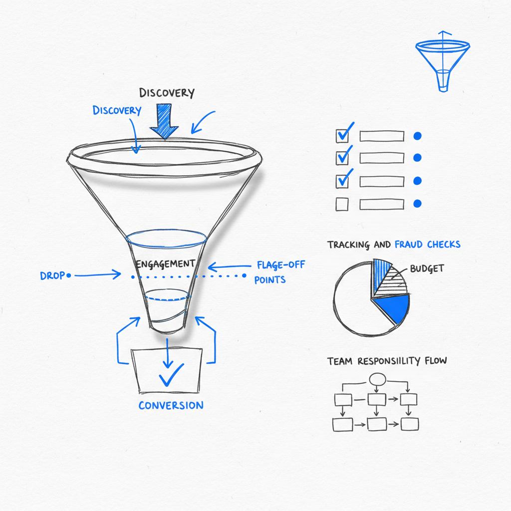 Close-up white-paper sketch of a marketing funnel showing search queries flowing into ad clicks, conversion points and a checklist for tracking and fraud checks, illustrating Google Ads disadvantages.