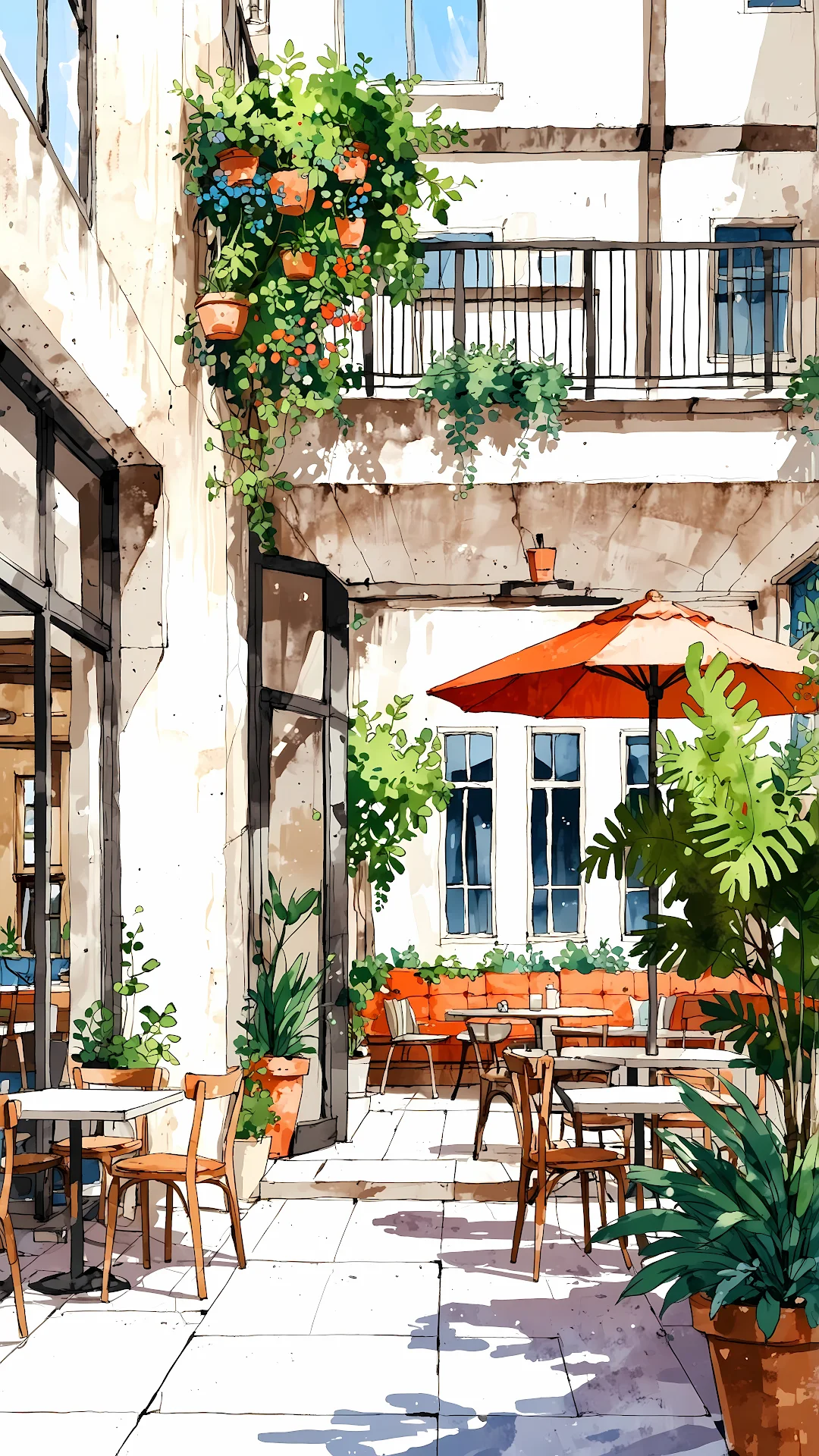 Watercolour Cafe Patio with Orange Umbrella and Plants - Free 4K mobile Wallpaper