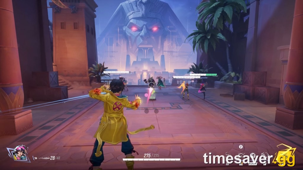 The Thebes Convoy map in Marvel Rivals Season 9.5 — an Egyptian temple watched over by a giant statue of season villain Apocalypse